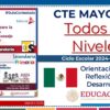 Diapositiva con texto sobre la sesión del Consejo Técnico Escolar de mayo de 2025 para todos los niveles. Incluye la bandera mexicana, íconos de libros y los logotipos de Educación y Editorial MD, con énfasis en las orientaciones para el ciclo escolar 2024-2025.