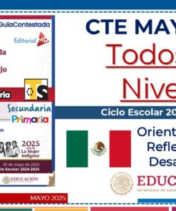 Diapositiva con texto sobre la sesión del Consejo Técnico Escolar de mayo de 2025 para todos los niveles. Incluye la bandera mexicana, íconos de libros y los logotipos de Educación y Editorial MD, con énfasis en las orientaciones para el ciclo escolar 2024-2025.