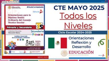 Diapositiva con texto sobre la sesión del Consejo Técnico Escolar de mayo de 2025 para todos los niveles. Incluye la bandera mexicana, íconos de libros y los logotipos de Educación y Editorial MD, con énfasis en las orientaciones para el ciclo escolar 2024-2025.
