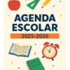 AGENDA ESCOLAR 2025-2026 3 Ilustración de portada para la AGENDA ESCOLAR 2025-2026 con dibujos de una manzana, una regla, un lápiz, un libro abierto, un cuaderno, un despertador y puntos de colores en forma de confeti. Texto:
