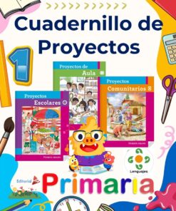 Colorida portada de un cuaderno de proyectos de primaria con material escolar de dibujos animados, tres portadas de libros más pequeños titulados "Proyectos de Aula", "Proyectos Escolares" y "Proyectos Comunitarios", y un personaje de pollo de dibujos animados.
