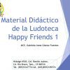 Página de presentación de diapositivas que muestra información de contacto del Material Didáctico de la Ludoteca Happy Friends, incluida dirección, ciudad y números de teléfono, sobre un fondo azul con un logotipo en la esquina superior izquierda.
