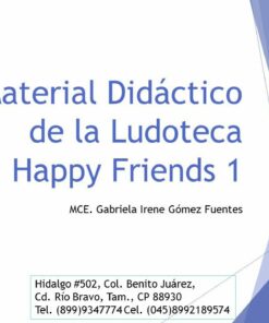 Página de presentación de diapositivas que muestra información de contacto del Material Didáctico de la Ludoteca Happy Friends, incluida dirección, ciudad y números de teléfono, sobre un fondo azul con un logotipo en la esquina superior izquierda.
