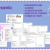 Diapositiva titulada "El cuento" con texto morado. Las viñetas enumeran "Elementos del cuento", "Clasificación" y "Analiza el cuento y crea el tuyo". A continuación se muestran varias páginas de hojas de trabajo. "Mi lápiz lila" está en la esquina superior derecha.
