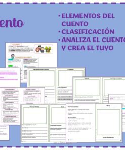 Diapositiva titulada "El cuento" con texto morado. Las viñetas enumeran "Elementos del cuento", "Clasificación" y "Analiza el cuento y crea el tuyo". A continuación se muestran varias páginas de hojas de trabajo. "Mi lápiz lila" está en la esquina superior derecha.