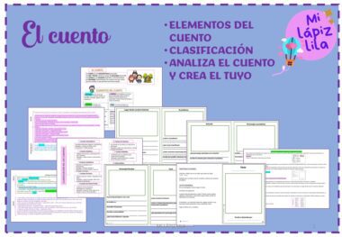 Diapositiva titulada "El cuento" con texto morado. Las viñetas enumeran "Elementos del cuento", "Clasificación" y "Analiza el cuento y crea el tuyo". A continuación se muestran varias páginas de hojas de trabajo. "Mi lápiz lila" está en la esquina superior derecha.
