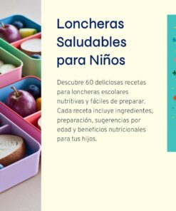 Loncheras coloridas, repletas de sándwiches, uvas y arándanos, están perfectamente organizadas. El texto que las acompaña promociona el libro 