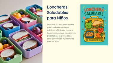 Loncheras coloridas, repletas de sándwiches, uvas y arándanos, están perfectamente organizadas. El texto que las acompaña promociona el libro "Loncheras Saludables para Niños", que presenta 100 ideas de menús nutritivos para comidas escolares saludables.