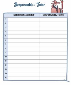 Una imagen con temática escolar que presenta una AGENDA-BITÁCORA con las columnas 'Nombre del Alumno' y 'Responsable/Tutor', rematada por una ilustración de un mago con una varita mágica.
