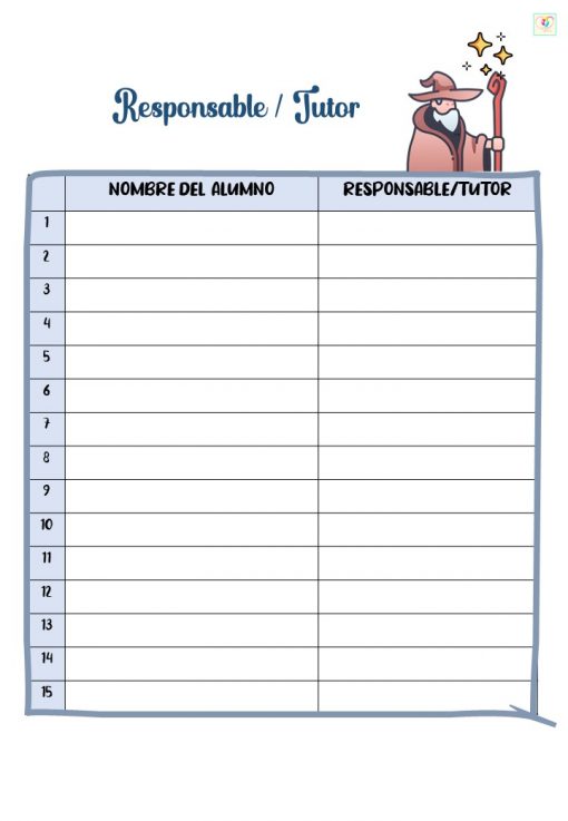 Una imagen con temática escolar que presenta una AGENDA-BITÁCORA con las columnas 'Nombre del Alumno' y 'Responsable/Tutor', rematada por una ilustración de un mago con una varita mágica.