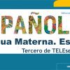 Portada de una presentación en Power Point titulada "Presentación de los Temas en Power Point: Español 3° Grado 2do Trimestre (Telesecundaria)", con letras coloridas, el número 3 y varios logotipos, incluidos "Editorial MD" y "Antología".