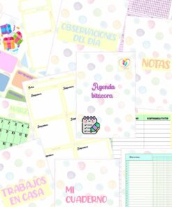 Un collage de varios artículos de papelería coloridos y estampados que incluyen libretas, etiquetas y páginas de la agenda AGENDA ROSA 2022, algunas con texto en español como "Notas" y "Agenda 22".