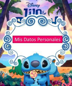 Stitch de Lilo & Stitch de Disney sentado en una playa con una piruleta en la mano. Marco decorativo en el centro dice 