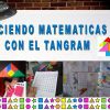 Una imagen con el texto "ESTRATEGIA DIDÁCTICA TANGRAM / REFORZAMIENTO MATEMÁTICO BASADO EN EL ABP (5 MOMENTOS)" que muestra actividades de ABP utilizando piezas de tangram para el reforzamiento matemático. Debajo del texto hay fotografías de rompecabezas tangram y formas geométricas coloridas sobre un fondo de pared de ladrillos.