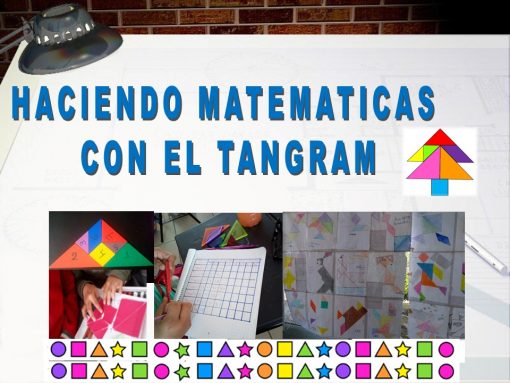 Una imagen con el texto "ESTRATEGIA DIDÁCTICA TANGRAM / REFORZAMIENTO MATEMÁTICO BASADO EN EL ABP (5 MOMENTOS)" que muestra actividades de ABP utilizando piezas de tangram para el reforzamiento matemático. Debajo del texto hay fotografías de rompecabezas tangram y formas geométricas coloridas sobre un fondo de pared de ladrillos.