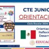 Diapositiva de presentación para la sesión del Consejo Técnico Escolar (CTE) de junio de 2025, en la que se muestra la portada de un cuadernillo, la bandera de México, logotipos educativos y frases sobre orientaciones, reflexión y desarrollo para el ciclo escolar 2024-2025.