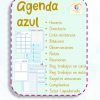 Una imagen de un cartel de "AGENDA AZUL". Enumera varias características: Horario, Directorio, Lista asistencia, AGENDA BITÁCORA, Observaciones, Notas, Reuniones, Reg. trabajos en casa, Reg. trabajos en aula, Registro emociones, Cumpleaños, Tutor / apoderado. Muestra páginas de planificación temáticas.