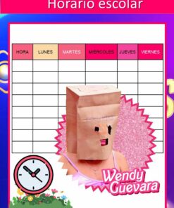 Una colorida plantilla de horario escolar con los días de la semana enumerados en español. En la parte inferior central, aparece un gráfico de una persona con una bolsa de papel sobre la cabeza, junto con un estallido de estrellas rosa y el nombre 