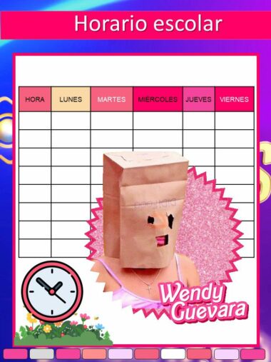 Una colorida plantilla de horario escolar con los días de la semana enumerados en español. En la parte inferior central, aparece un gráfico de una persona con una bolsa de papel sobre la cabeza, junto con un estallido de estrellas rosa y el nombre "Agenda Wendy Guevara Casa de los Famosos 2023 - 2024 Editable (Preescolar, Primaria, Secundaria)", que recuerda a Casa de los Famosos. También es visible un icono de reloj.