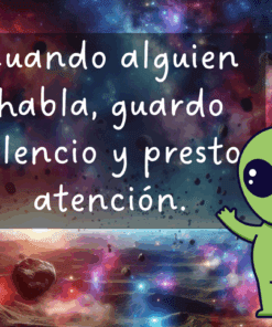 Un extraterrestre verde de dibujos animados saluda sobre un colorido fondo del espacio exterior con asteroides. El texto en español en un recuadro dice: 