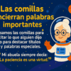 Signos de puntuación 7 Ilustración de una abuela sonriente con un traje espacial señalando un texto que explica cómo utilizar las comillas en español. Planetas y estrellas decoran el fondo. Ejemplo: