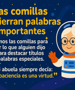 Ilustración de una abuela sonriente con un traje espacial señalando un texto que explica cómo utilizar las comillas en español. Planetas y estrellas decoran el fondo. Ejemplo: 