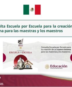Manta de la Secretaría de Educación Pública de México que muestra la bandera, texto sobre un nuevo sistema escolar para maestros y cuatro gráficos coloridos relacionados con los programas escolares para el año académico 2024-2025.