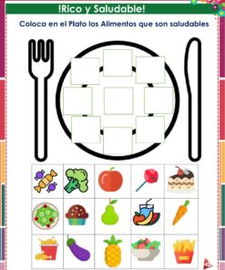 Se muestra un plato con espacios vacíos entre un tenedor y un cuchillo. Debajo hay imágenes de alimentos como frutas, verduras, ensalada, pescado, pastel, helado y pizza, para seleccionar opciones saludables para llenar el plato.
