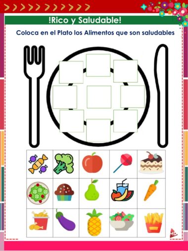 Se muestra un plato con espacios vacíos entre un tenedor y un cuchillo. Debajo hay imágenes de alimentos como frutas, verduras, ensalada, pescado, pastel, helado y pizza, para seleccionar opciones saludables para llenar el plato.