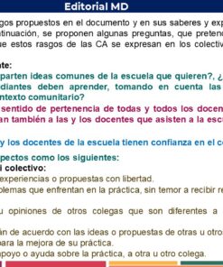 Una diapositiva educativa en español describe cómo alumnos y profesores comparten ideas y opiniones en las comunidades escolares. Presenta preguntas clave y sugerencias para la participación de los alumnos, con secciones resaltadas y viñetas coloreadas.
