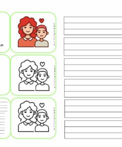 La imagen consta de material de Planeación de Clases Consonantes M-P en español con ilustraciones de miembros de la familia. El lado izquierdo tiene imágenes y frases como 