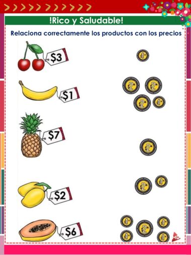 Hoja de ejercicios en español con imágenes de frutas (cereza, plátano, piña, papaya) y etiquetas de precios. Se muestran monedas de oro con valores para emparejar el precio correcto con cada fruta. Título: "¡Rico y Saludable!".