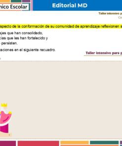 Taller Intensivo para Docentes – Enero 2026 (Productos Contestados) 28 Diapositiva en español con espacio para escribir; trata de la reflexión sobre las comunidades de aprendizaje, incluidos los aprendizajes consolidados, el fortalecimiento de las experiencias y los retos actuales. Con dibujos animados de niños sosteniendo lápices en la parte inferior.