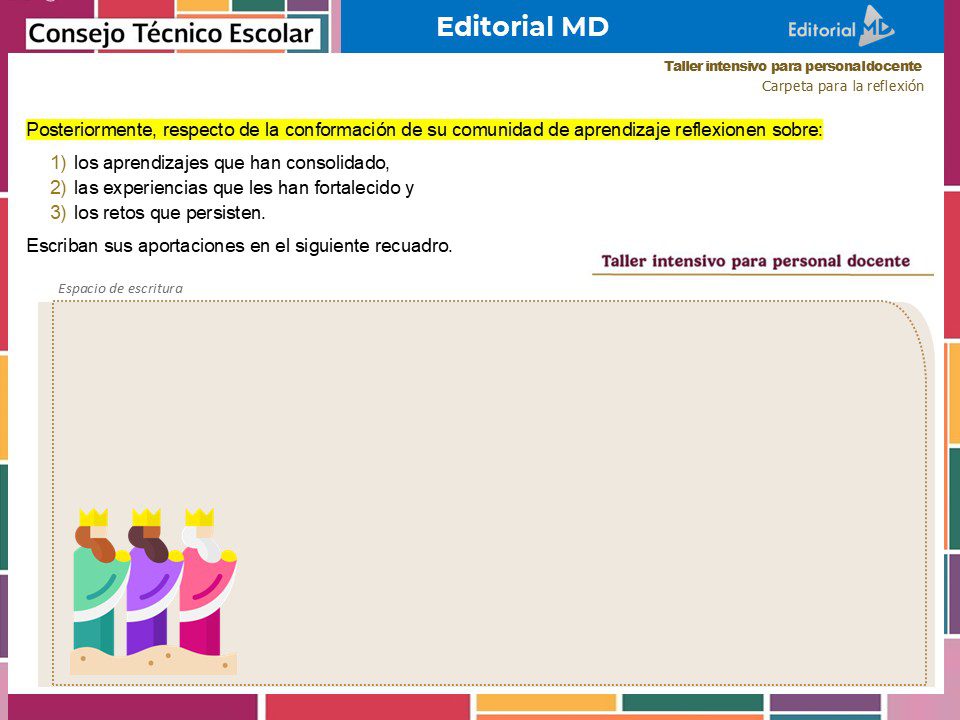 Taller Intensivo para Docentes – Enero 2026 (Productos Contestados) 13 Diapositiva en español con espacio para escribir; trata de la reflexión sobre las comunidades de aprendizaje, incluidos los aprendizajes consolidados, el fortalecimiento de las experiencias y los retos actuales. Con dibujos animados de niños sosteniendo lápices en la parte inferior.