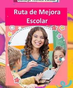 Una sonriente profesora ayuda a dos niños pequeños a tocar un xilófono en una colorida aula. La imagen está enmarcada con estrellas y colores brillantes, con texto en español: 