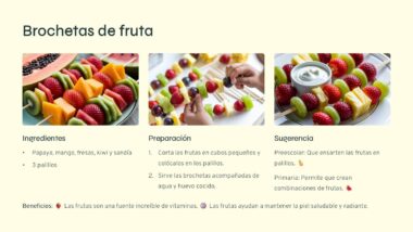 Imagen que muestra una receta de brochetas de frutas. Tres secciones: 1) Ingredientes: papaya, mango, fresas, kiwi, sandía y brochetas. 2) Preparación: cortar las frutas y colocarlas en las brochetas. 3) Sugerencias para combinaciones creativas. Beneficios destacados.