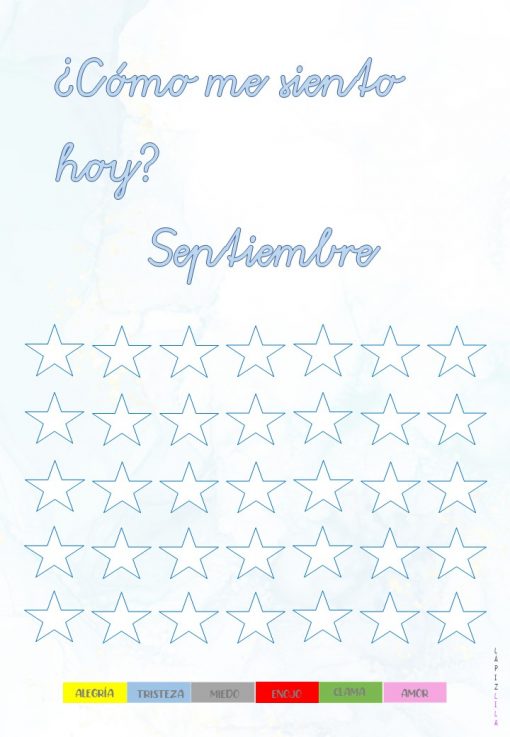Una hoja de trabajo titulada "¿Cómo me siento hoy? Septiembre" presenta una variedad de formas de estrellas en blanco. En la parte inferior, hay una clave codificada por colores que incluye "ALEGRÍA", "TRISTEZA", "MIEDO", "ENOJO", "CALMA" y "AMOR" en diferentes colores, perfecta para agregar a tu AGENDA AZUL.