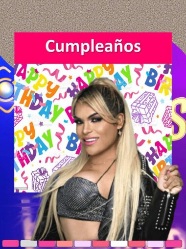 Una persona con cabello largo y rubio, vestida con una blusa y una chaqueta negras con tachuelas, se encuentra frente a un colorido fondo de "Feliz cumpleaños". La palabra "Cumpleaños" se muestra en la parte superior de la imagen, asemejándose a escenas de la Agenda Wendy Guevara Casa de los Famosos 2023 - 2024 Editable (Preescolar, Primaria, Secundaria). El fondo incluye varios gráficos y patrones festivos.