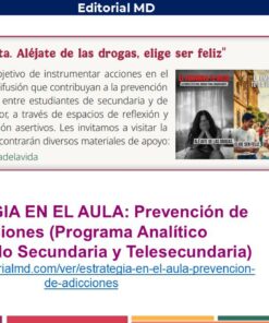 Diapositiva de presentación sobre la prevención del consumo de drogas en las escuelas. Incluye un titular que insta a mantener la distancia con las drogas, un gráfico con un libro y un bloc de notas, y una barra lateral con enlaces a más información.