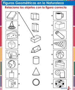 Hoja de ejercicios con formas geométricas en la columna central, objetos naturales o cotidianos a cada lado y líneas para que los alumnos relacionen los objetos con la forma correspondiente. Las instrucciones en español figuran en la parte superior.