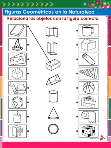 Hoja de ejercicios con formas geométricas en la columna central, objetos naturales o cotidianos a cada lado y líneas para que los alumnos relacionen los objetos con la forma correspondiente. Las instrucciones en español figuran en la parte superior.