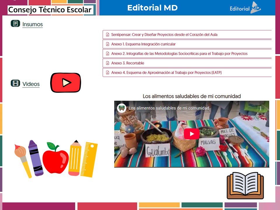 Tema 3 Contestado: Trabajo por proyectos CTE NEM 2025 - 2026 (Todos los Niveles) 2 Captura de pantalla de una página web educativa titulada "Consejo Técnico Escolar" de Editorial MD, que muestra menús de recursos y vídeos, con un vídeo sobre alimentos saludables en la comunidad y coloridas ilustraciones de material escolar en la parte inferior.