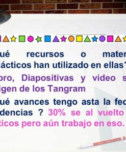Una diapositiva de presentación con viñetas. La primera viñeta analiza los recursos educativos utilizados, mencionando libros, diapositivas, un video sobre el origen de los Tangram y Estrategia Didáctica Tangram / Reforzamiento Matemático basado en el ABP (5 momentos). El segundo punto aborda el progreso y la evidencia, destacando una tasa de retorno del 30% con comentarios críticos.