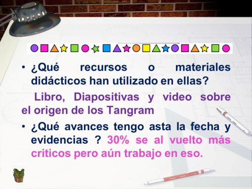 Una diapositiva de presentación con viñetas. La primera viñeta analiza los recursos educativos utilizados, mencionando libros, diapositivas, un video sobre el origen de los Tangram y Estrategia Didáctica Tangram / Reforzamiento Matemático basado en el ABP (5 momentos). El segundo punto aborda el progreso y la evidencia, destacando una tasa de retorno del 30% con comentarios críticos.