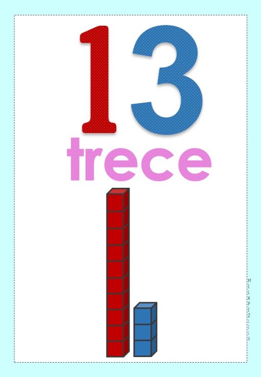 La imagen muestra el número 13, con el número "13" escrito en rojo y azul, y la palabra "trece" en rosa debajo. Debajo del texto, hay dos pilas de bloques: una con diez bloques rojos y otra con tres bloques azules, que representan parte de una secuencia de NÚMEROS 1 AL 100.