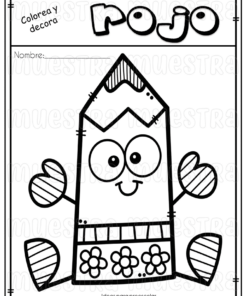 Una página para colorear en blanco y negro que presenta un lápiz de dibujos animados con ojos, brazos y piernas, etiquetado 