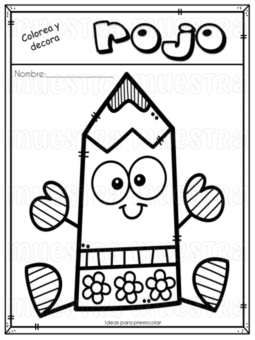 Una página para colorear en blanco y negro que presenta un lápiz de dibujos animados con ojos, brazos y piernas, etiquetado "rojo" en la parte superior, con espacios marcados "colorea" y "decora" para actividades de colorear y decorar. Estas hojas para trabajar los colores están diseñadas para ayudar a aprender colores.