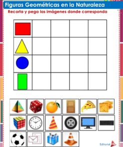 Una hoja de actividades con una cuadrícula para emparejar cuatro formas (cuadrado rojo, triángulo amarillo, círculo azul, rectángulo verde) con las imágenes de abajo, que incluyen objetos como un dado, una pizza, una naranja, un queso, un reloj y un televisor, entre otros.