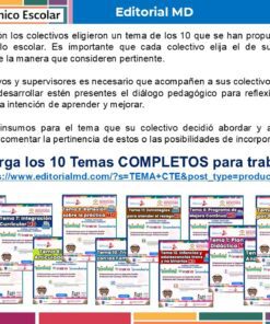 Tema 3 Contestado: Trabajo por proyectos CTE NEM 2025 - 2026 (Todos los Niveles) 24 Folleto digital de la Editorial MD para una sesión del consejo técnico escolar. El texto trata sobre la elección y el desarrollo de temas, la reflexión pedagógica y enumera un enlace para descargar un recurso sobre los 10 temas a trabajar.