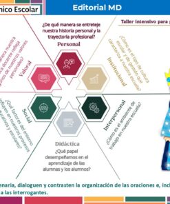 Una infografía con hexágonos de colores etiquetados como Personal, Valor, Social, Didáctica, Interpersonal e Institucional, y un rey de dibujos animados a la derecha. Abajo, las instrucciones invitan a debatir en grupo las preguntas que se muestran.